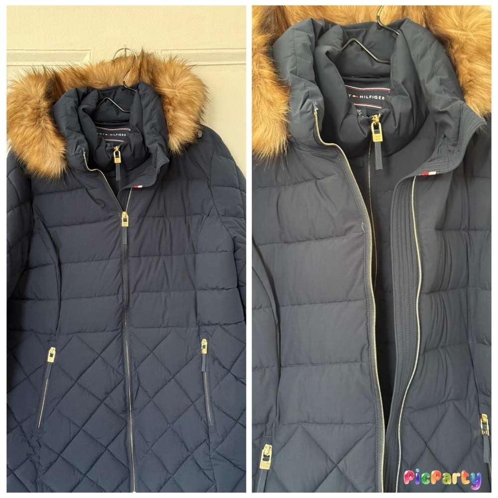 NWOT Tommy Hilfiger Dark Blue Quilted Jacket with Faux Fur Trim